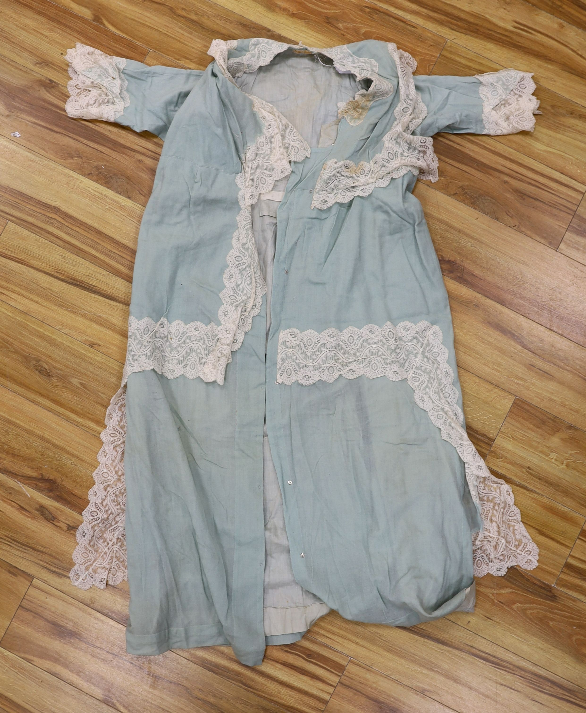 An Edwardian turquoise crepe and cream lace summer coat with original Swan & Edgar Ltd label